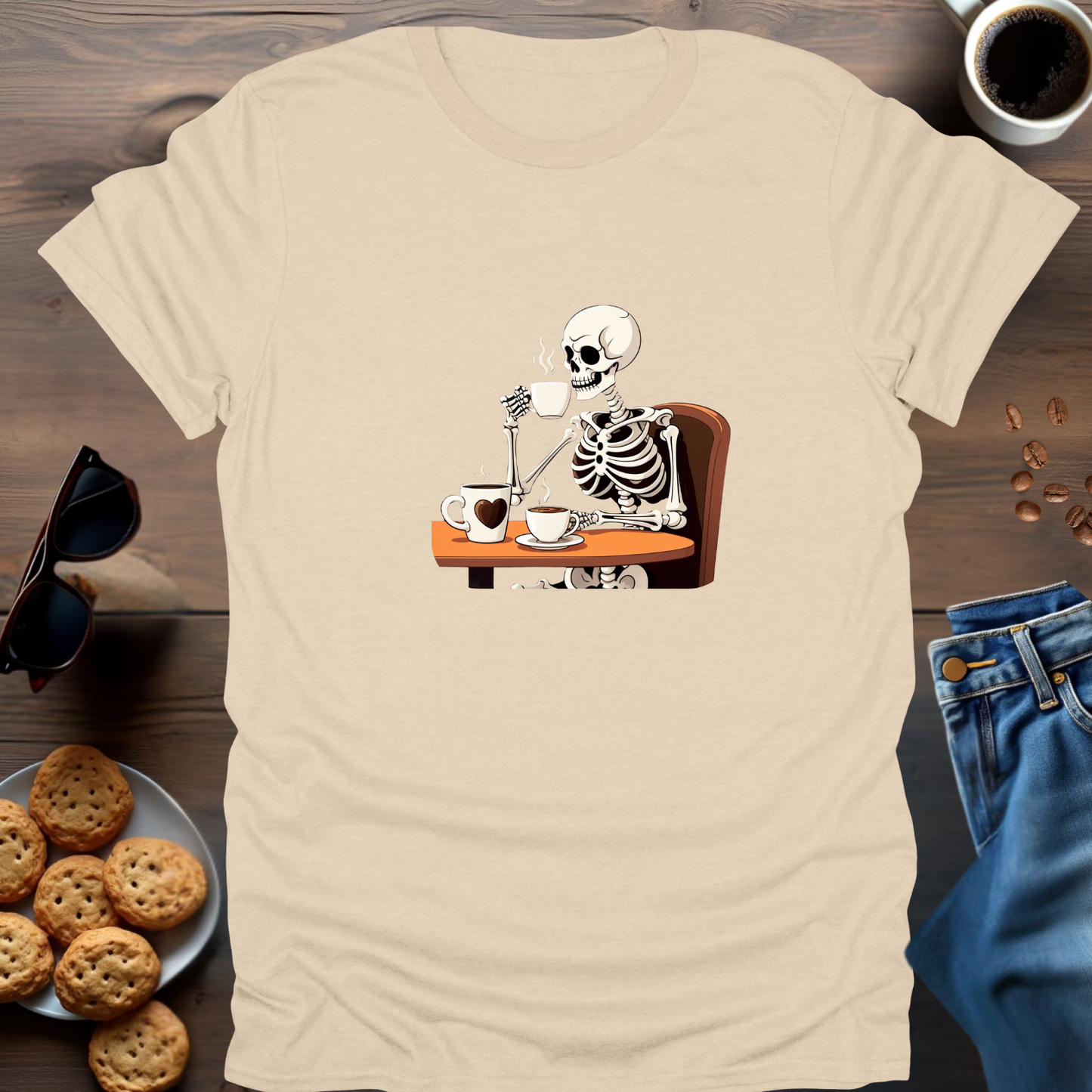 Skeleton Drinking Coffee T-Shirt