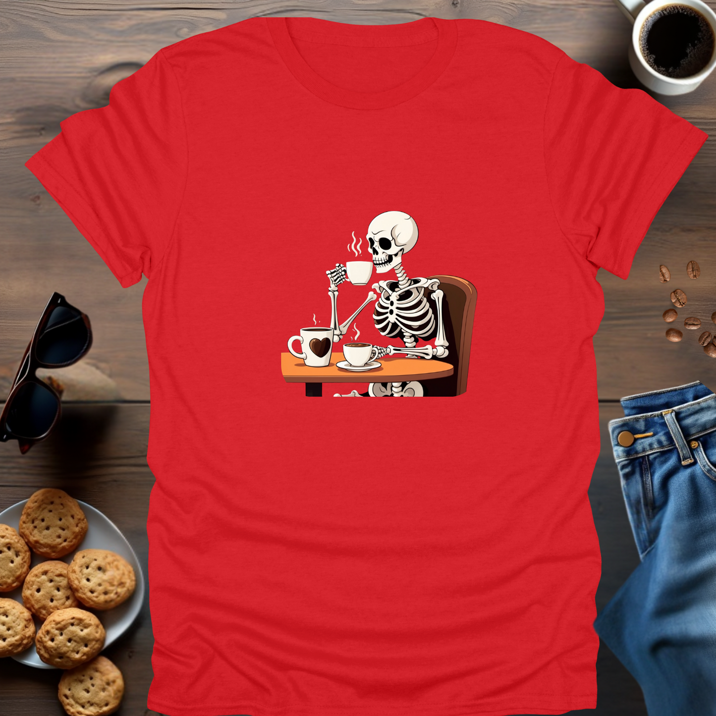 Skeleton Drinking Coffee T-Shirt