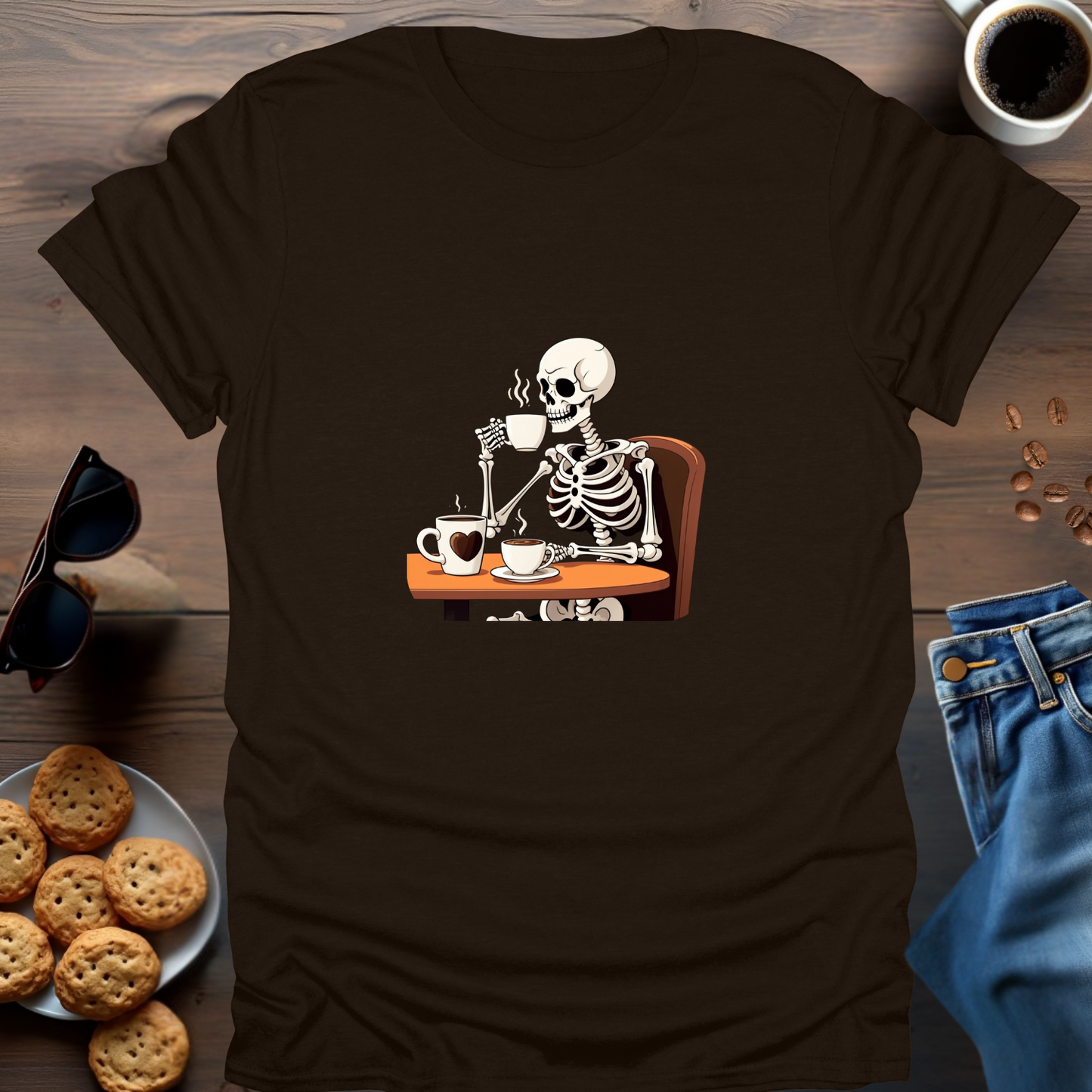 Skeleton Drinking Coffee T-Shirt