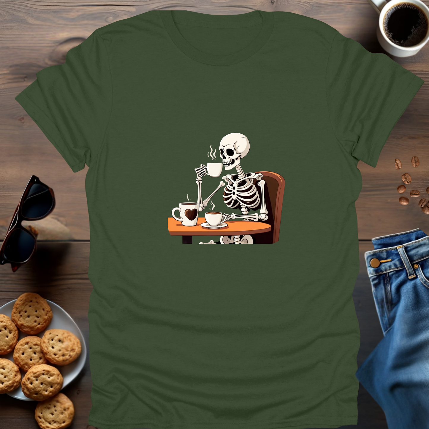 Skeleton Drinking Coffee T-Shirt