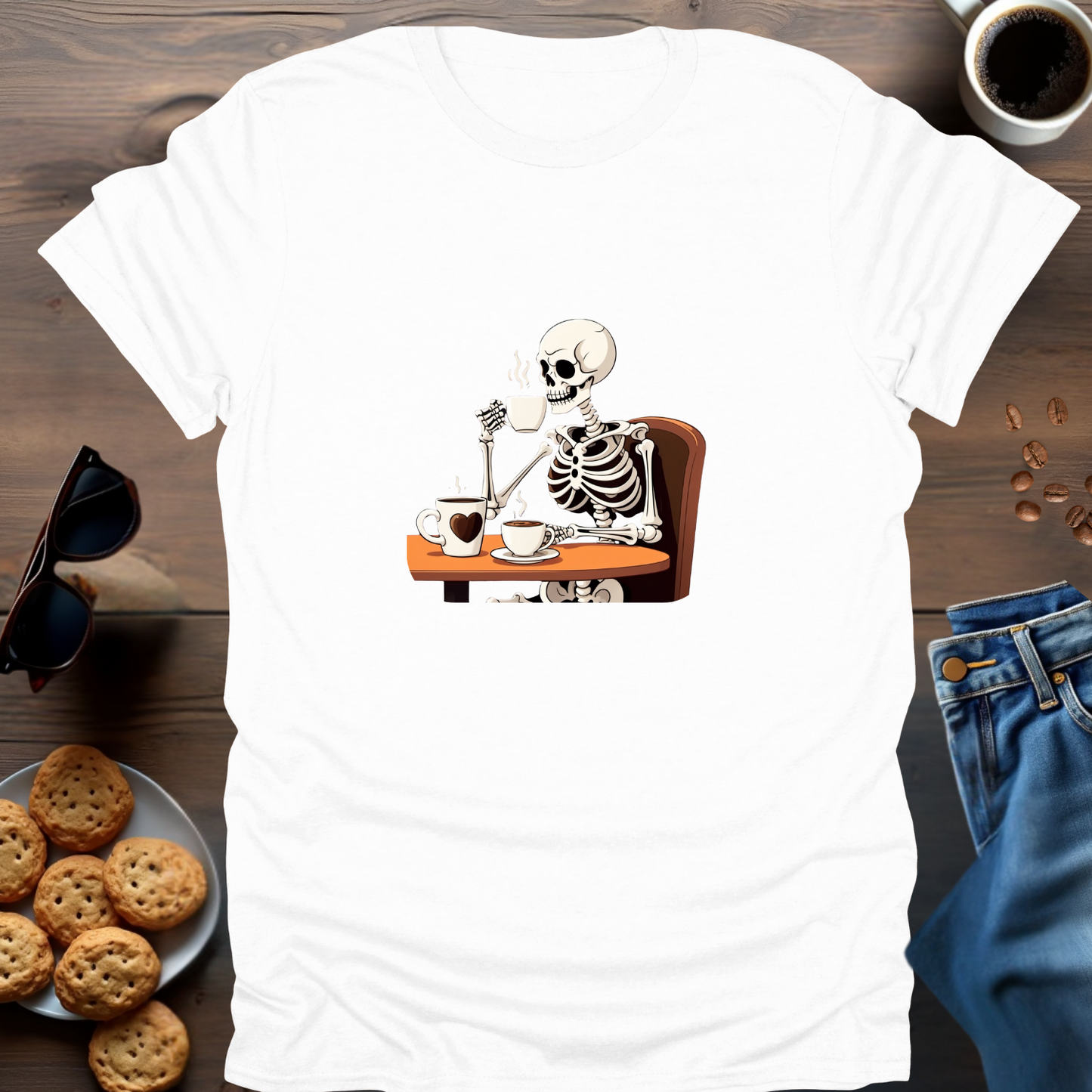 Skeleton Drinking Coffee T-Shirt