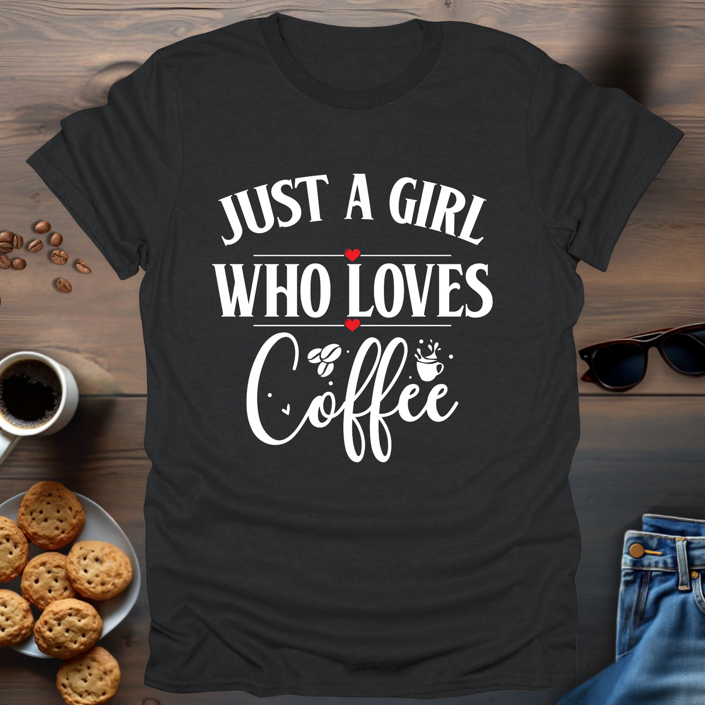 Just A Girl Who Loves Coffee 2 small hearts T-Shirt