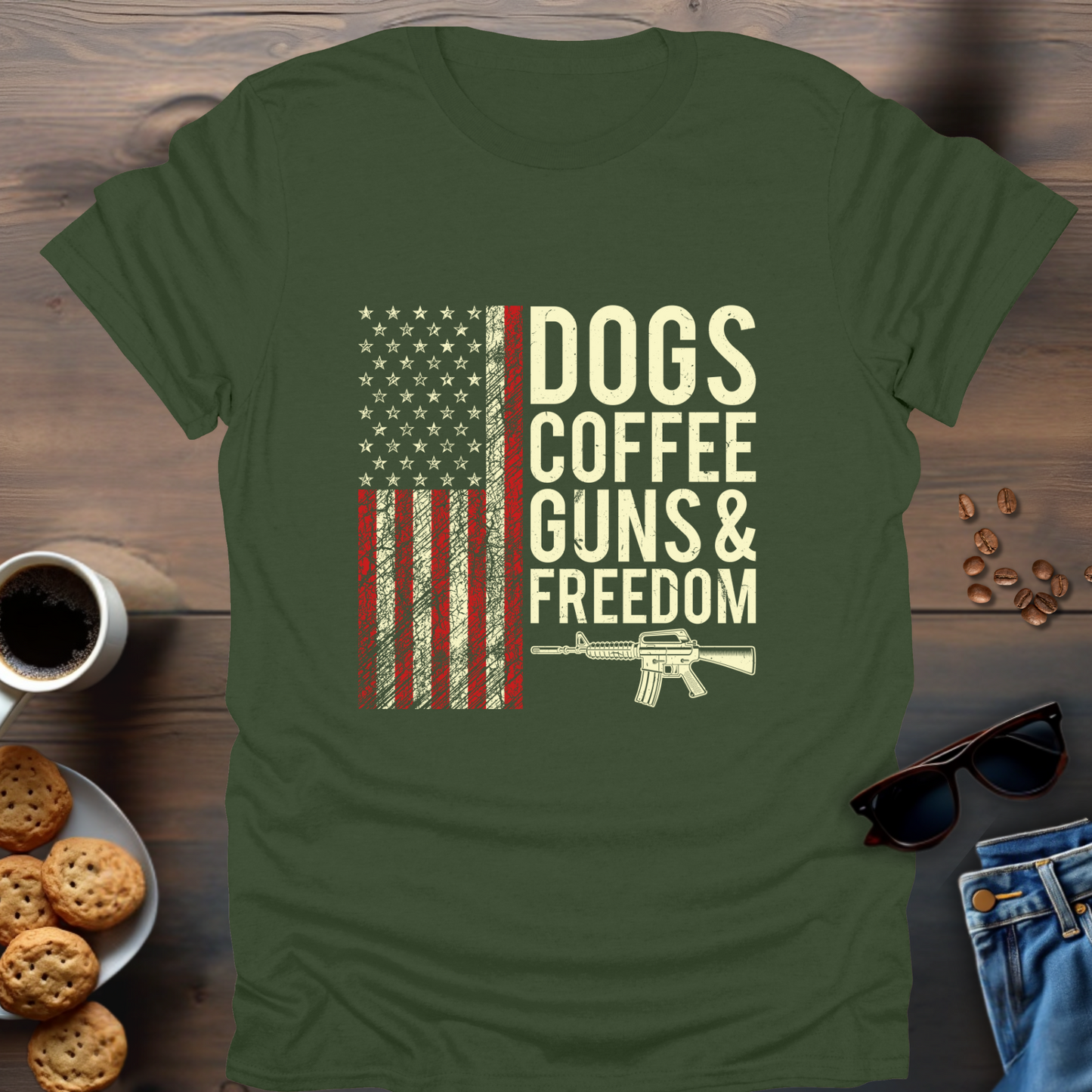 Dogs Coffee Guns & Freedom T-Shirt