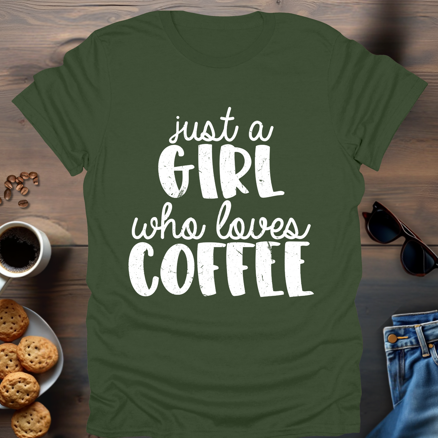 Just A Girl Who Loves Coffee fat writing T-Shirt