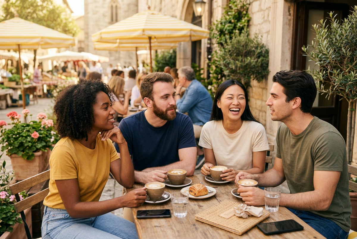 Candid, realistic café photo of two guys and two girls enjoying coffee